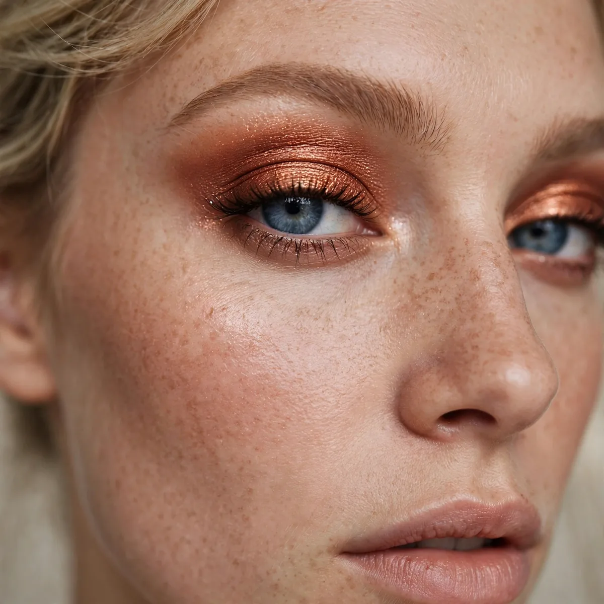 Blue eyes with a copper metallic eyeshadow lid