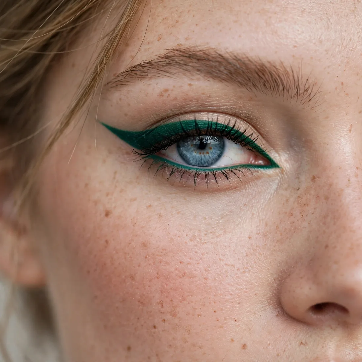 Blue eyes with emerald green winged eyeliner