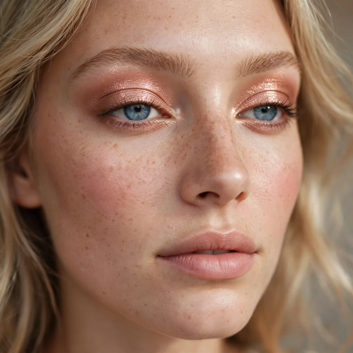 Blue eyes with a rose gold eyeshadow wash