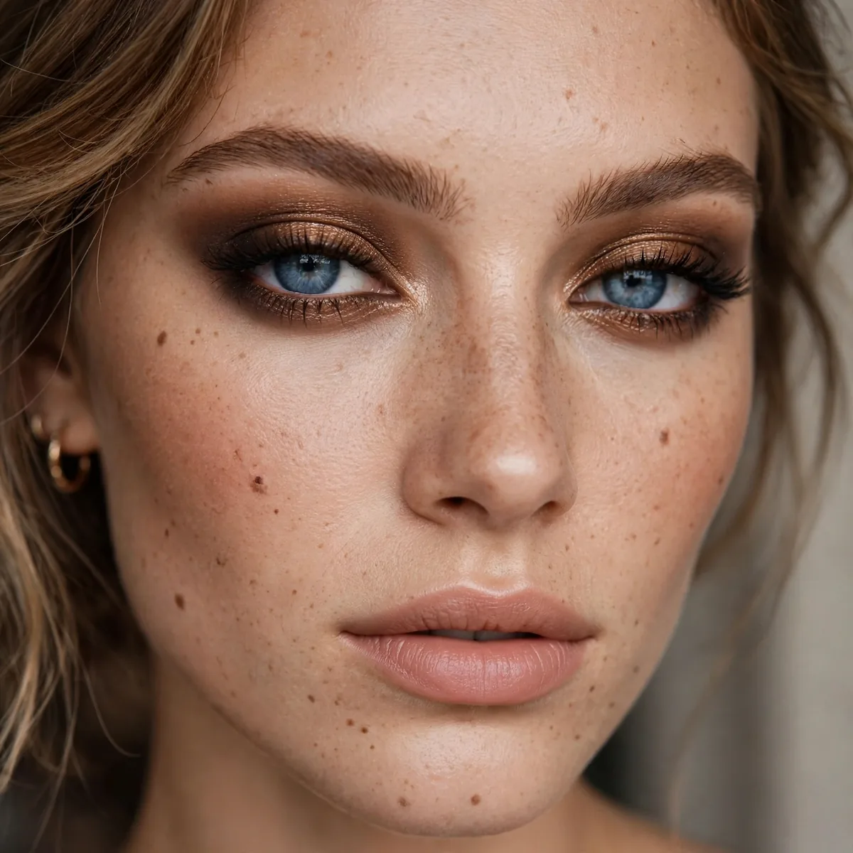 Smoky bronze eyeshadow on blue eyes for a holiday party