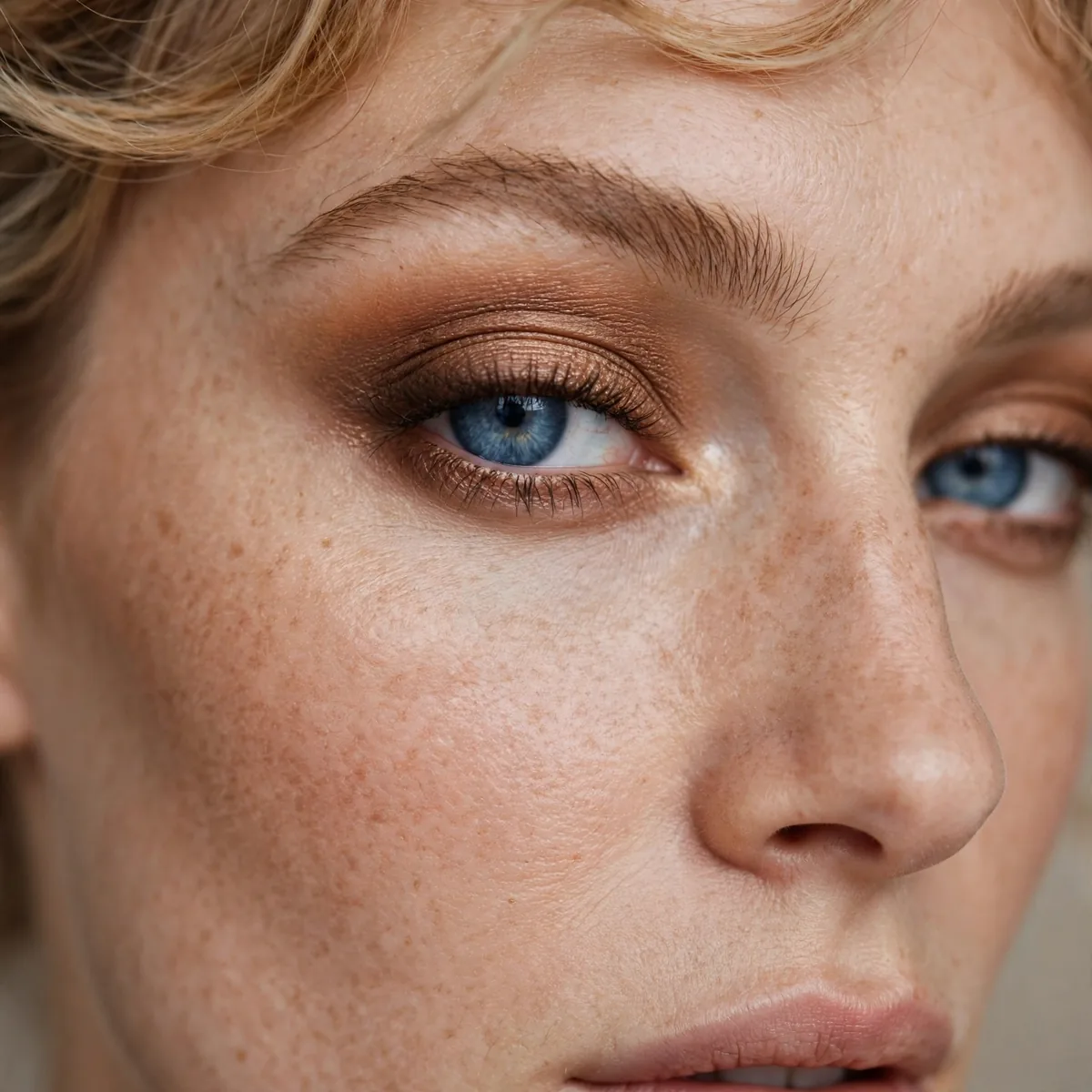 Warm caramel smokey eye on blue eyes