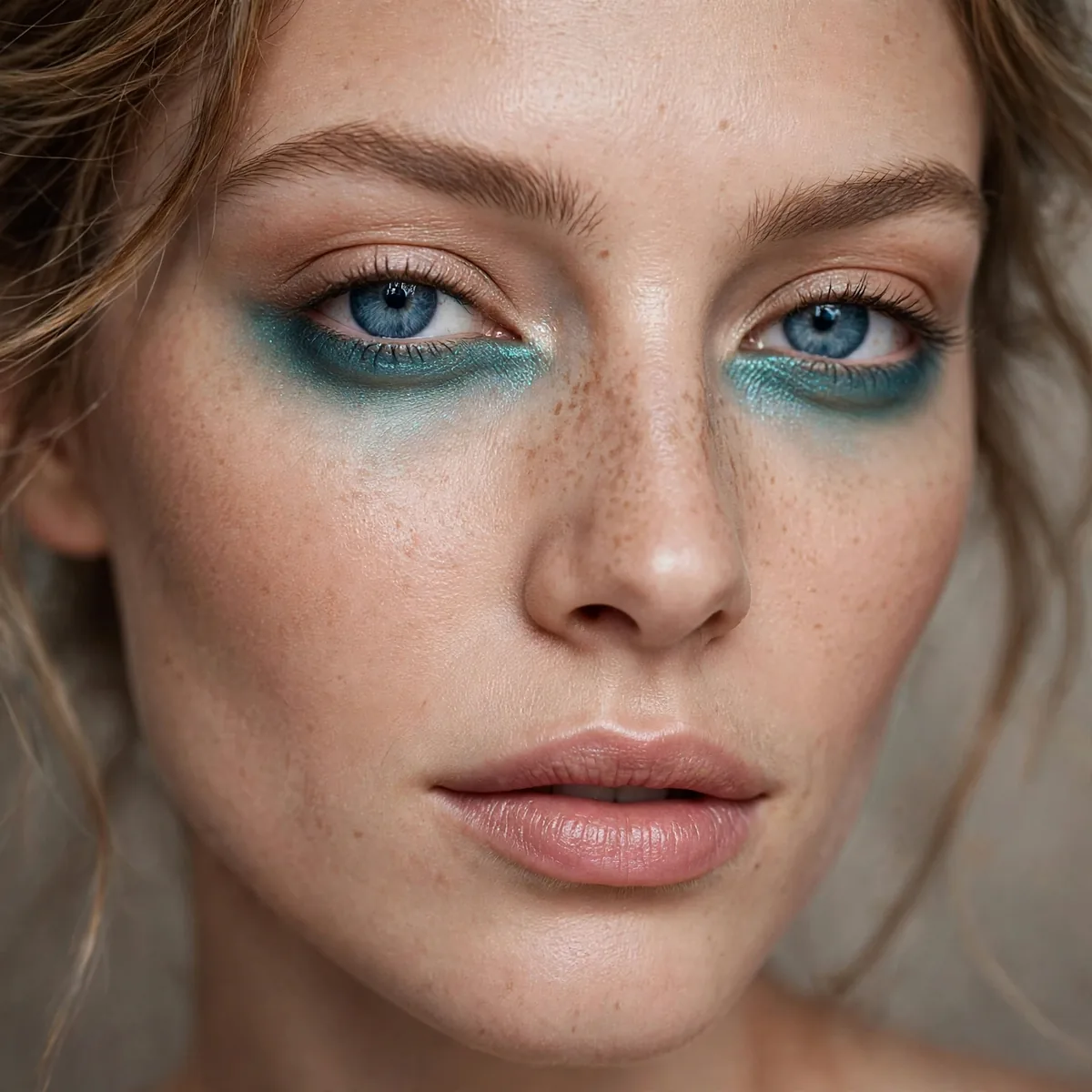 Blue eyes with teal eyeshadow smudged under the lower lash line