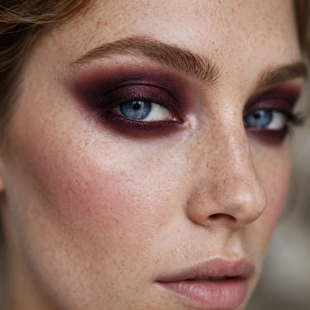 Blue eyes with deep plum chocolate smokey eyeshadow