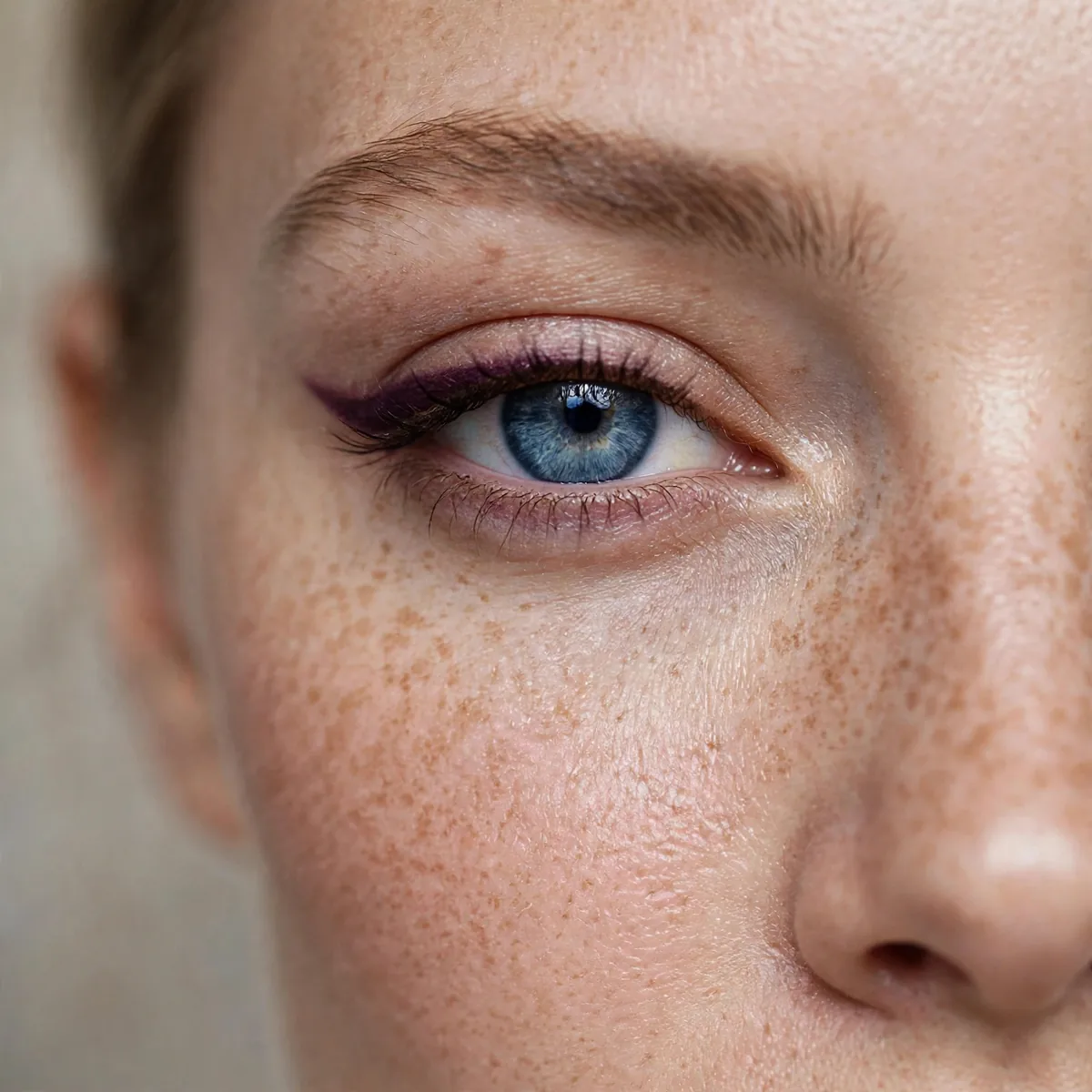 Blue eye lined with deep plum eyeliner
