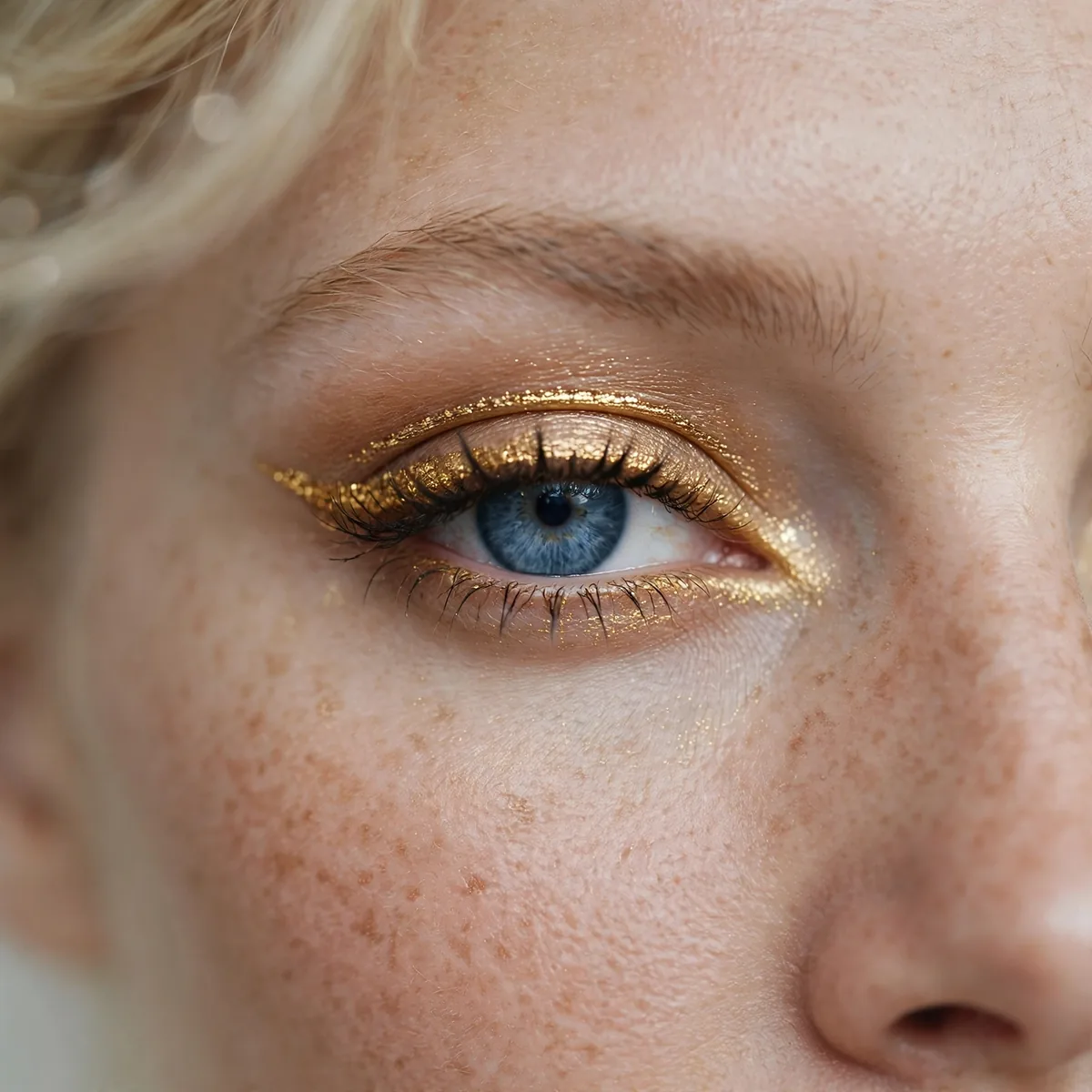 Blue eye with burnished gold eyeliner detail