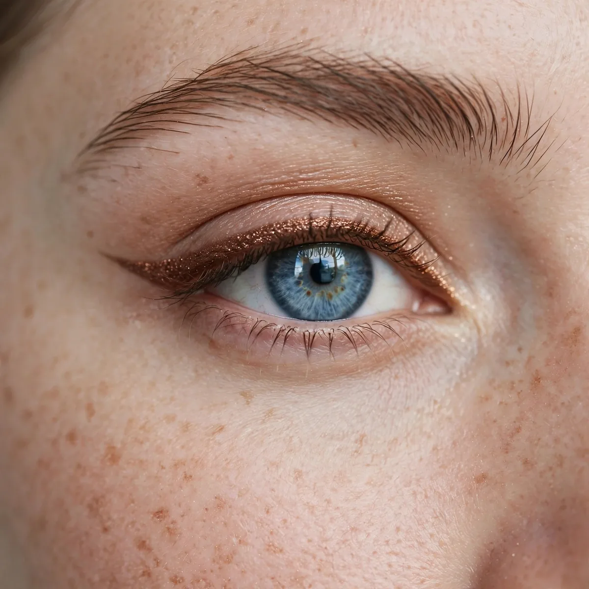 Blue eye with cocoa shimmer brown eyeliner