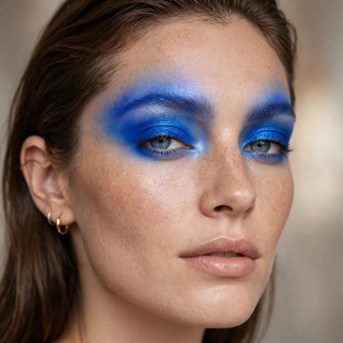 Model with neon cobalt blue eyeshadow blended to the brow