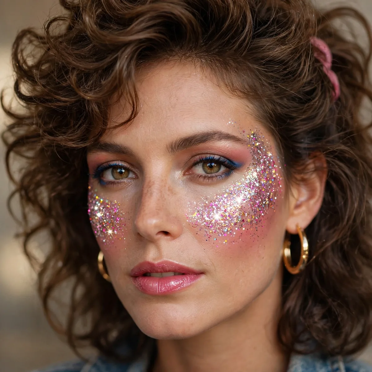 Model with glitter swept across cheekbones 80s style