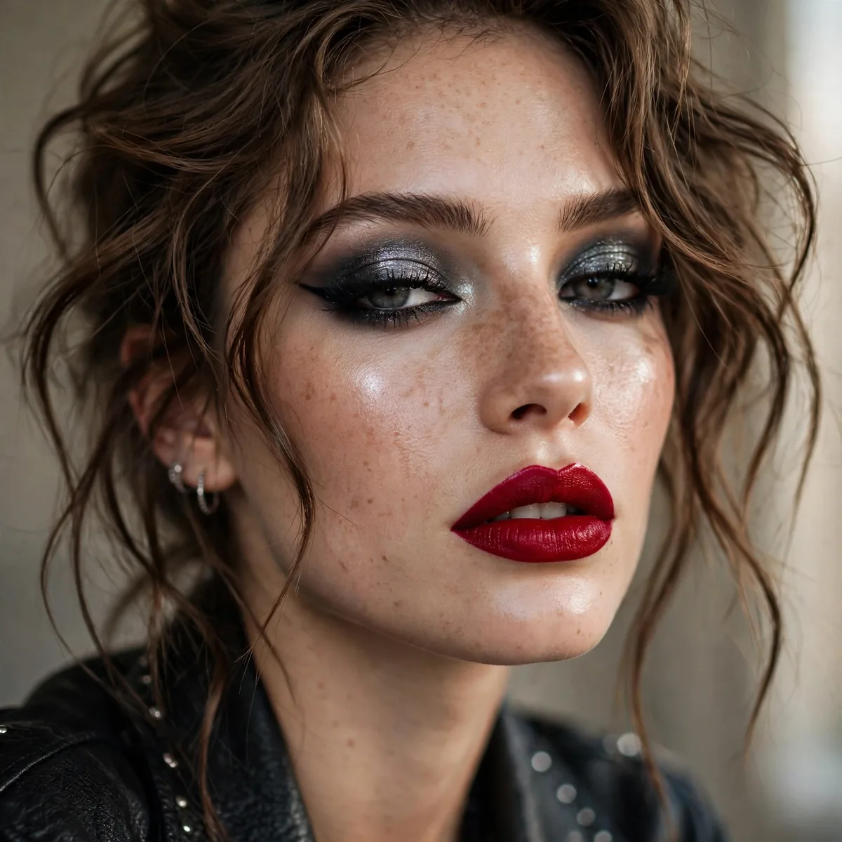 Model with crimson red lipstick glam rock look