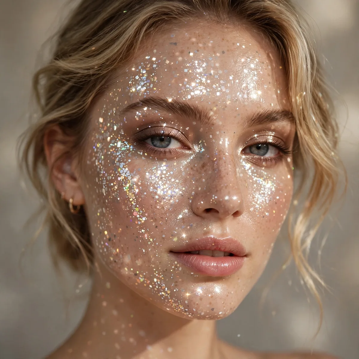 Model with all-over disco ball shimmer highlight