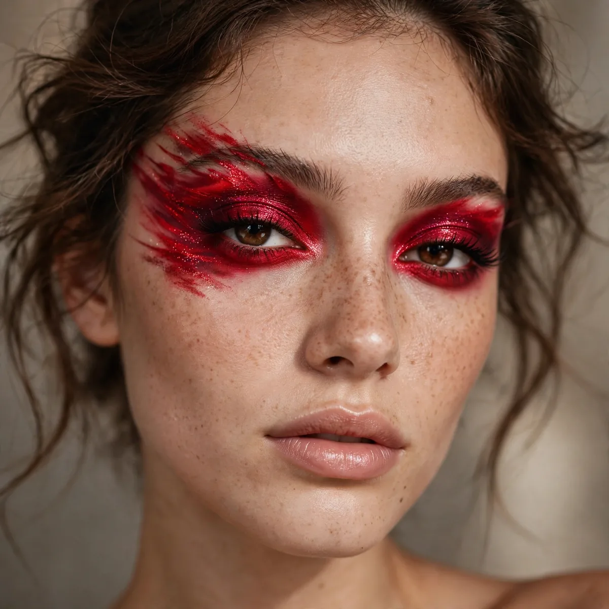 Model with crimson red eyeshadow surge look