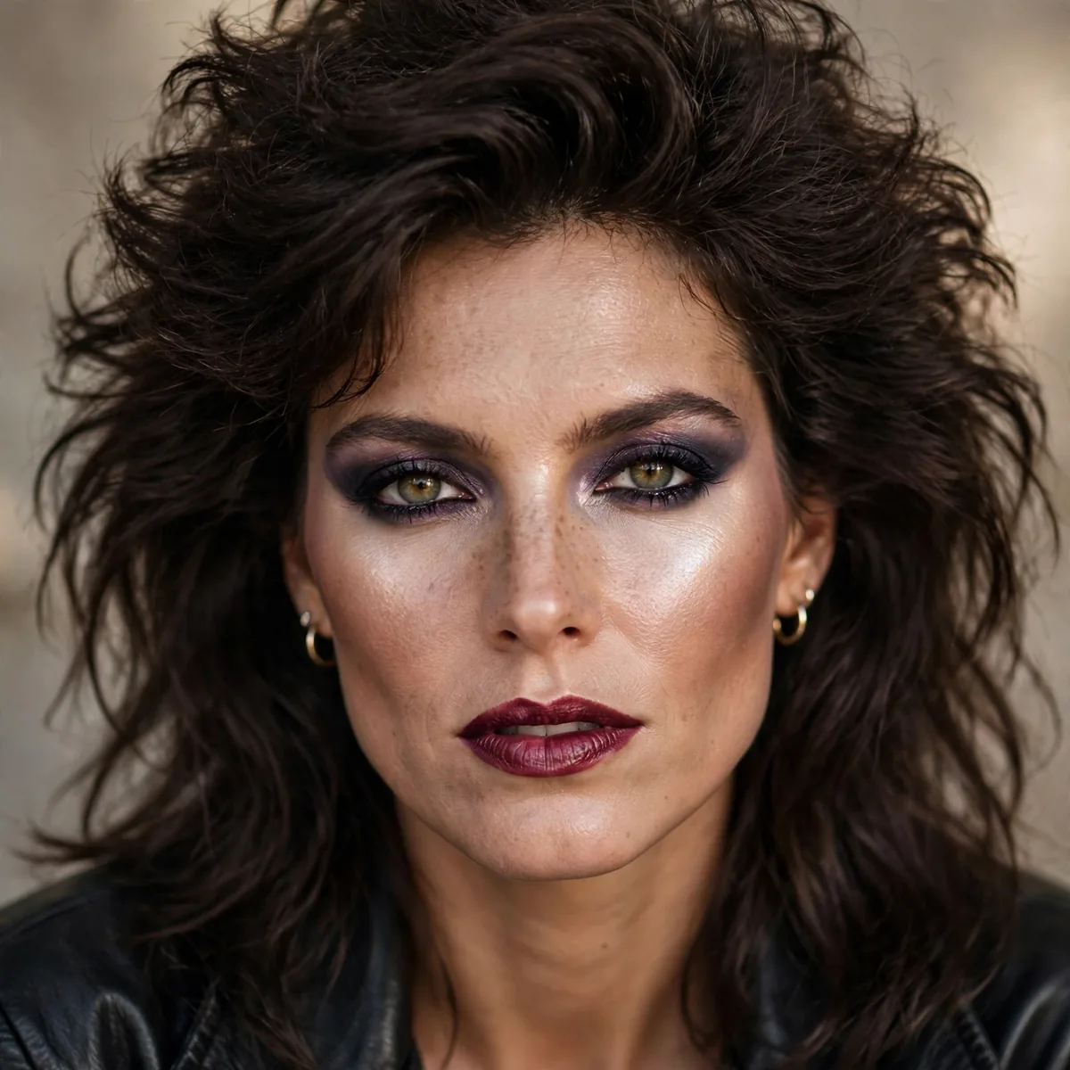 Model with strong 80s contour and highlight rock makeup