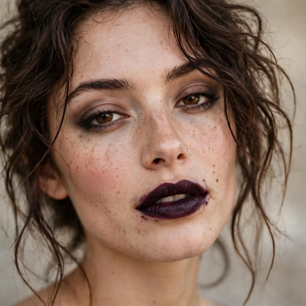 Dark plum lipstick grunge look