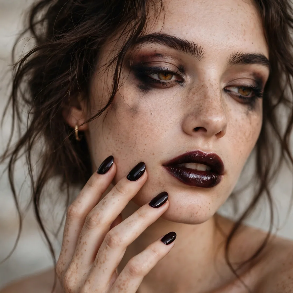 Dark nails with grunge makeup