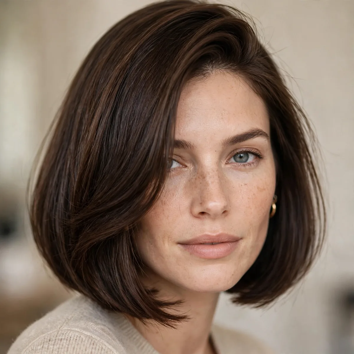 A-line bob styled with a deep side part