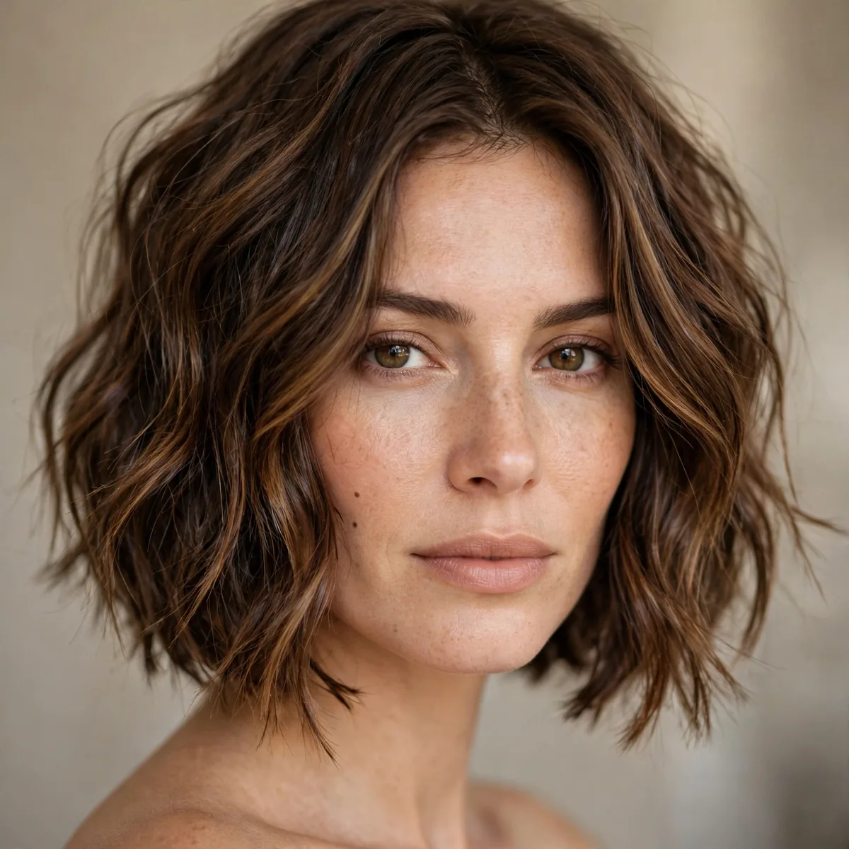 A-line bob with choppy texture on wavy hair