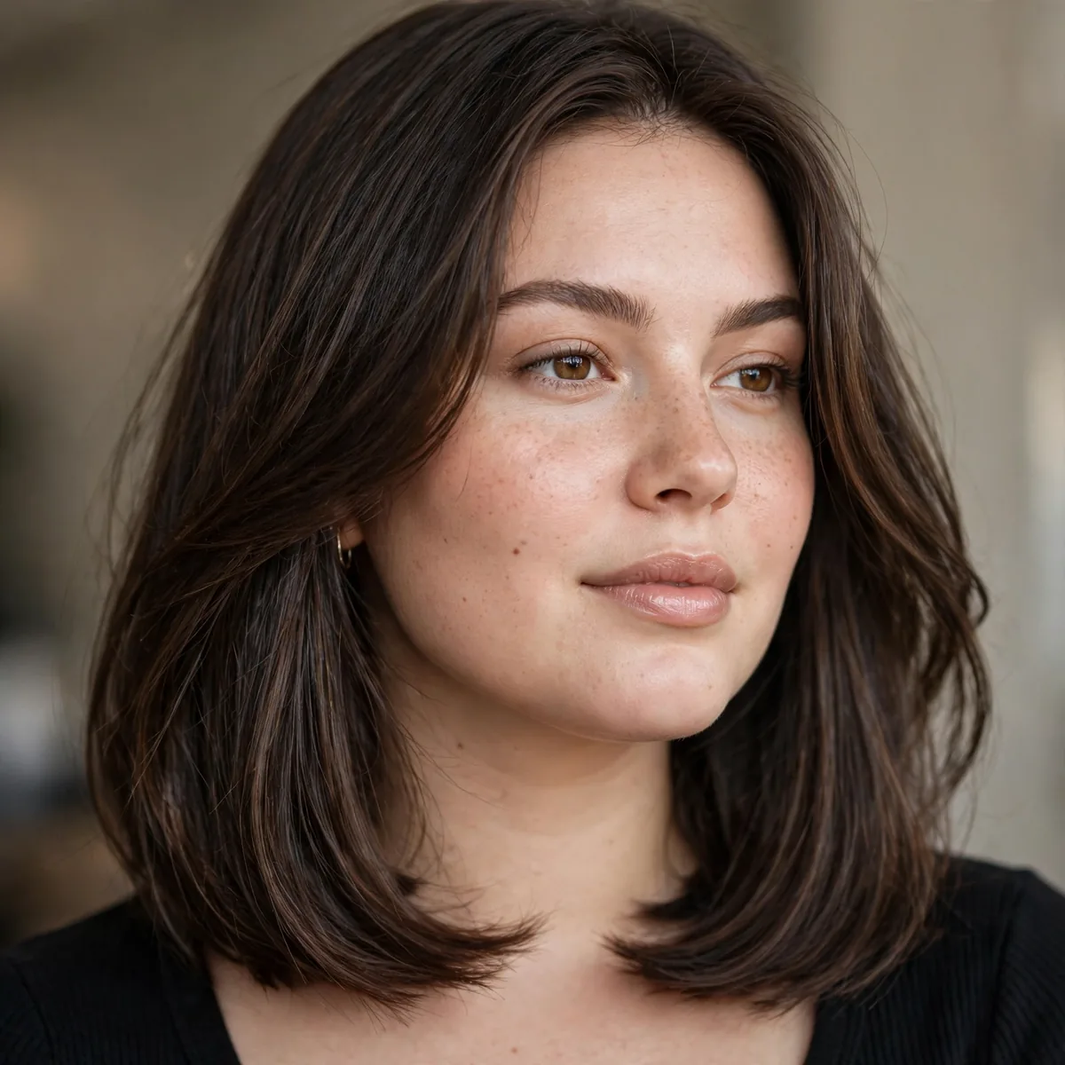 Long A-line bob at collarbone length on a round face