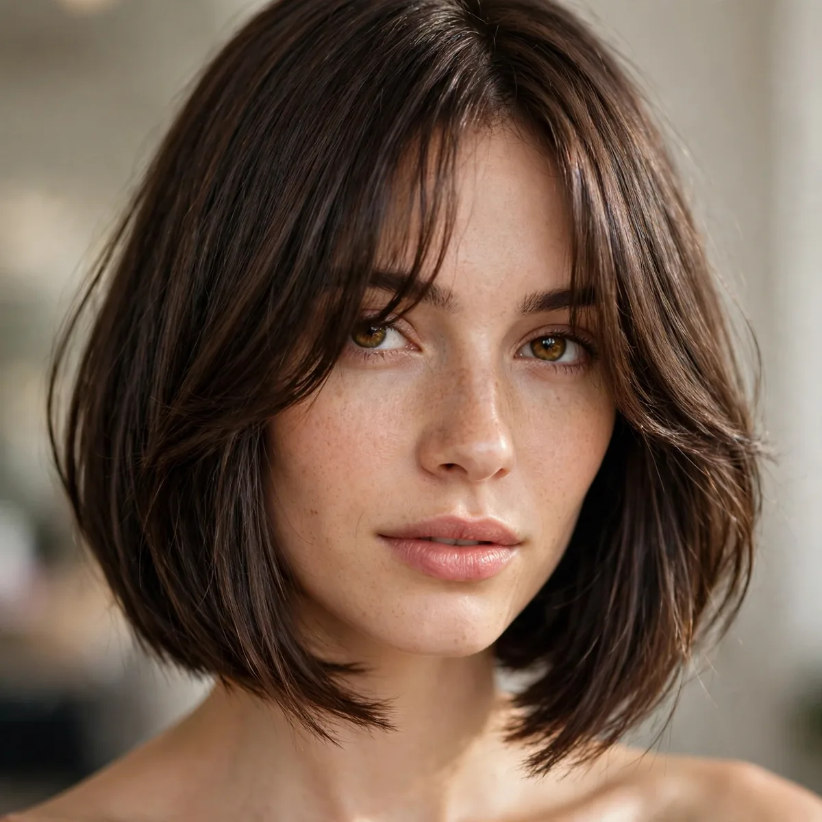 A-line bob paired with curtain bangs