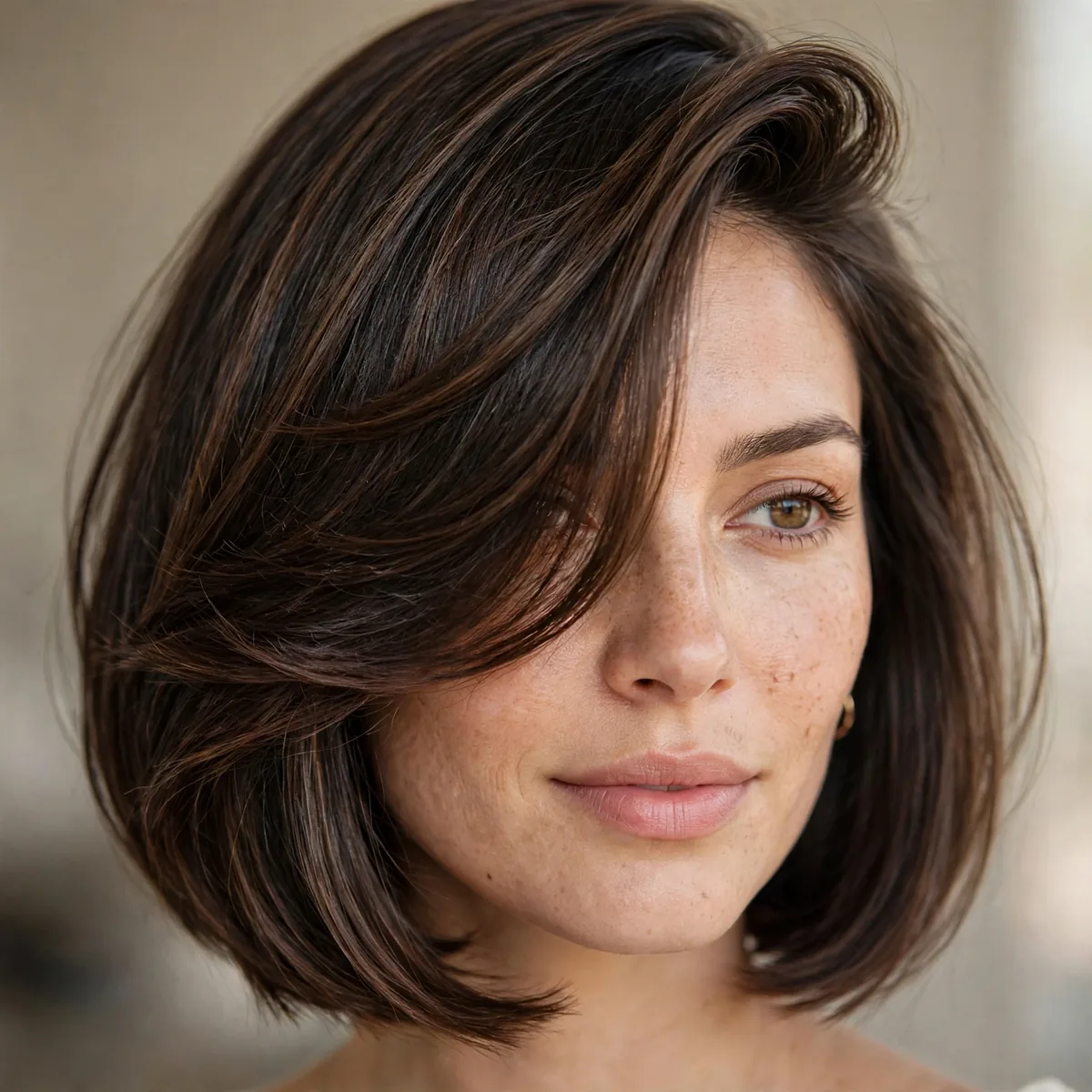A-line bob with hair swept deeply to one side