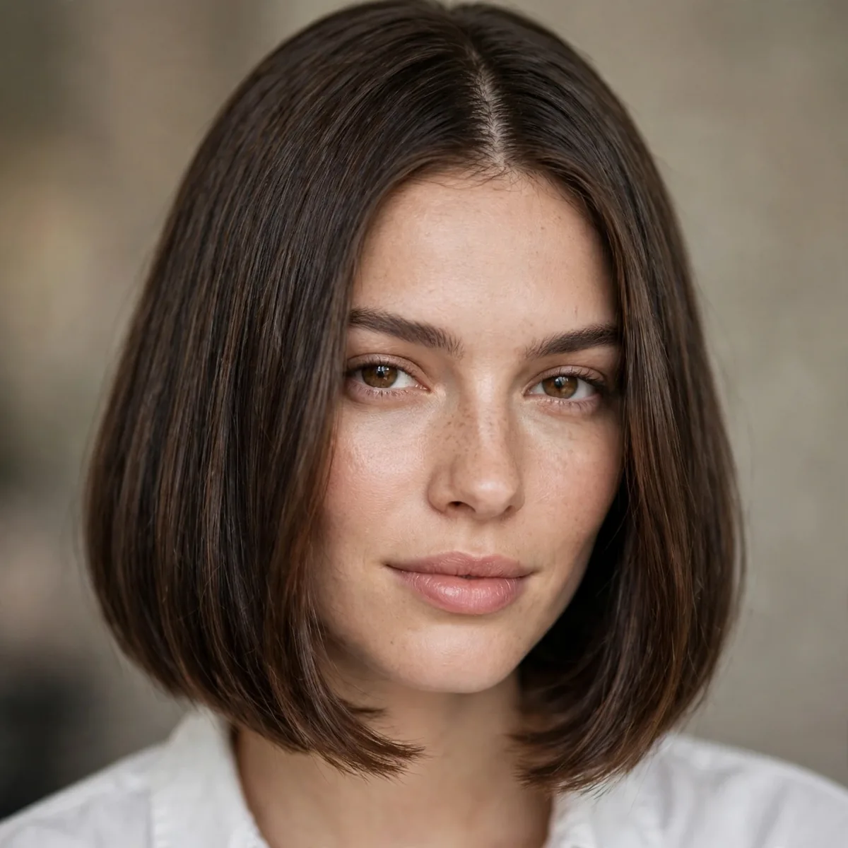 A-line bob styled with a middle part