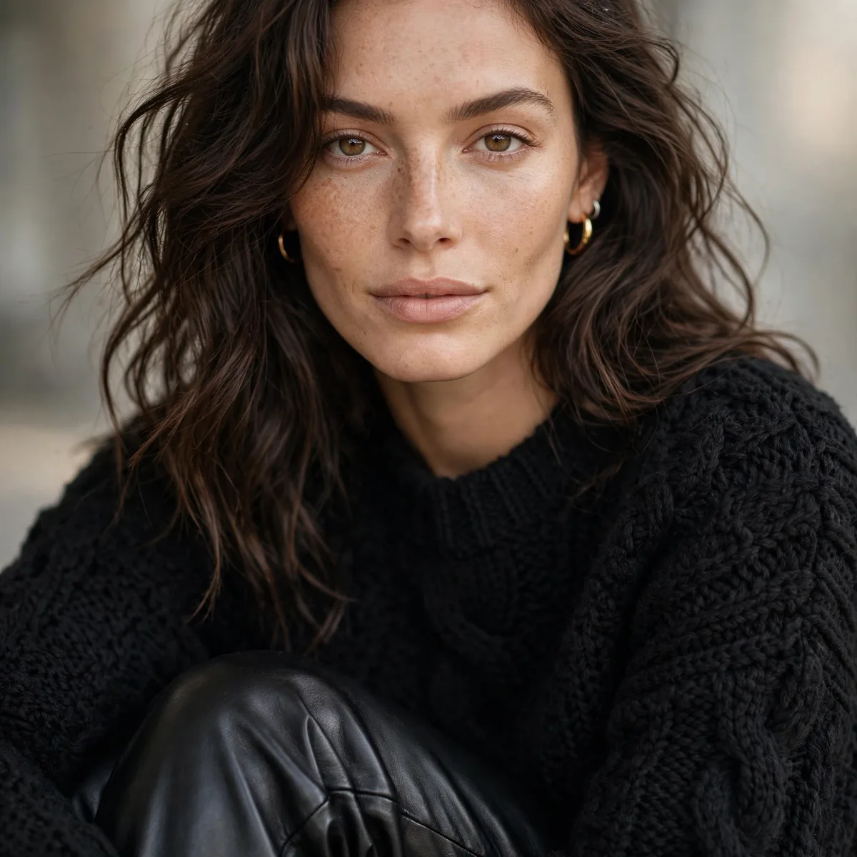 Leather pants with knit sweater black outfit