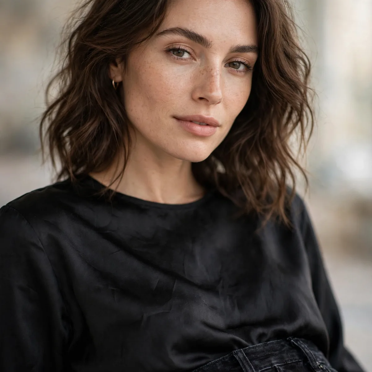 Black silk top with black jeans