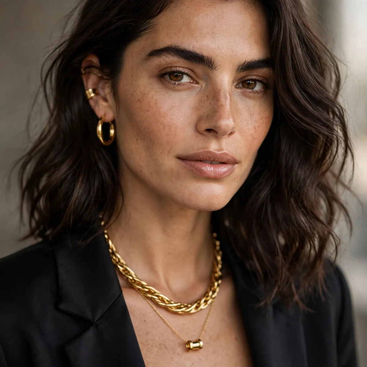 Black outfit with gold jewelry