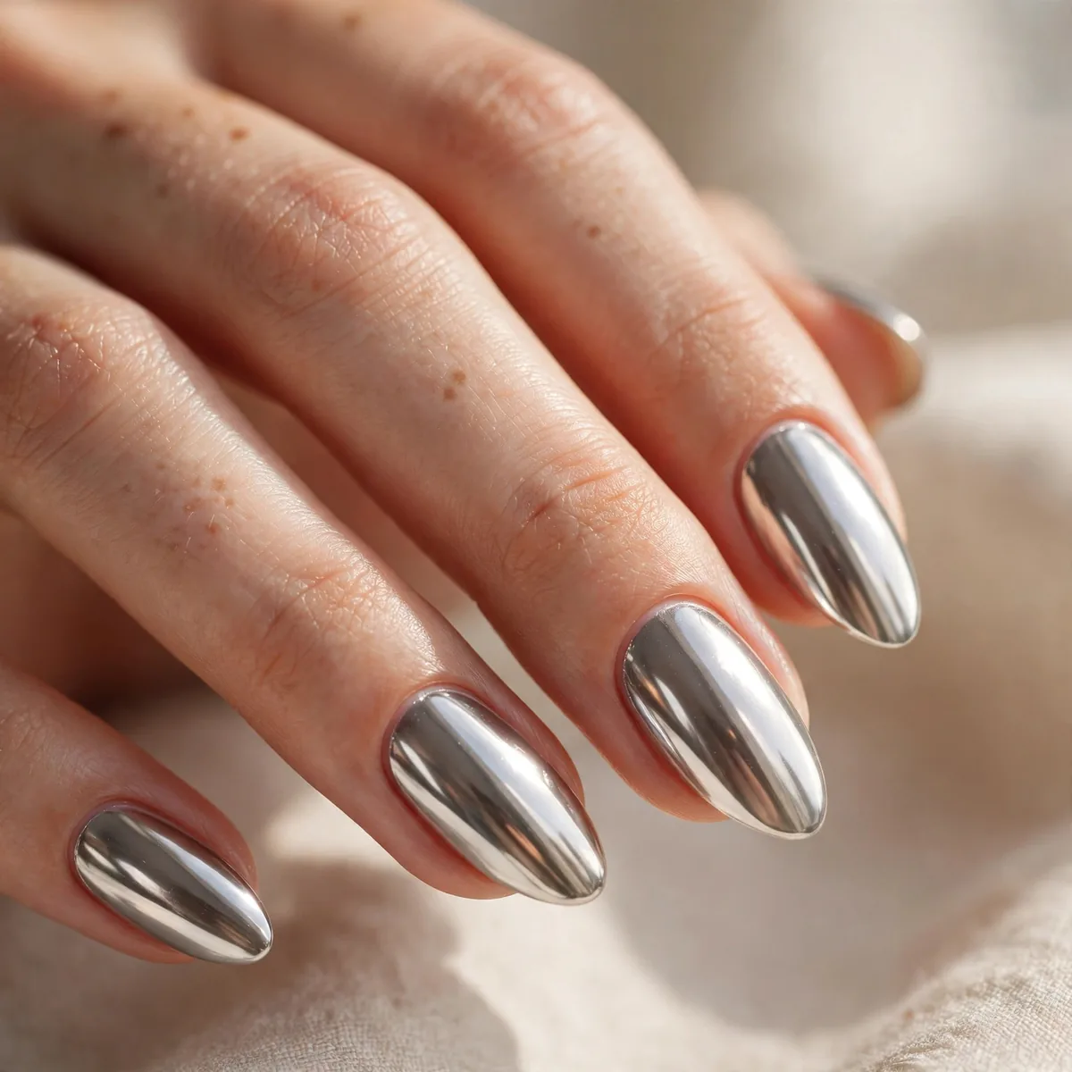Chrome finish on almond-shaped nails