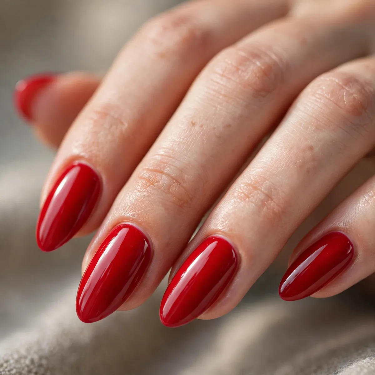 True red polish on almond nails