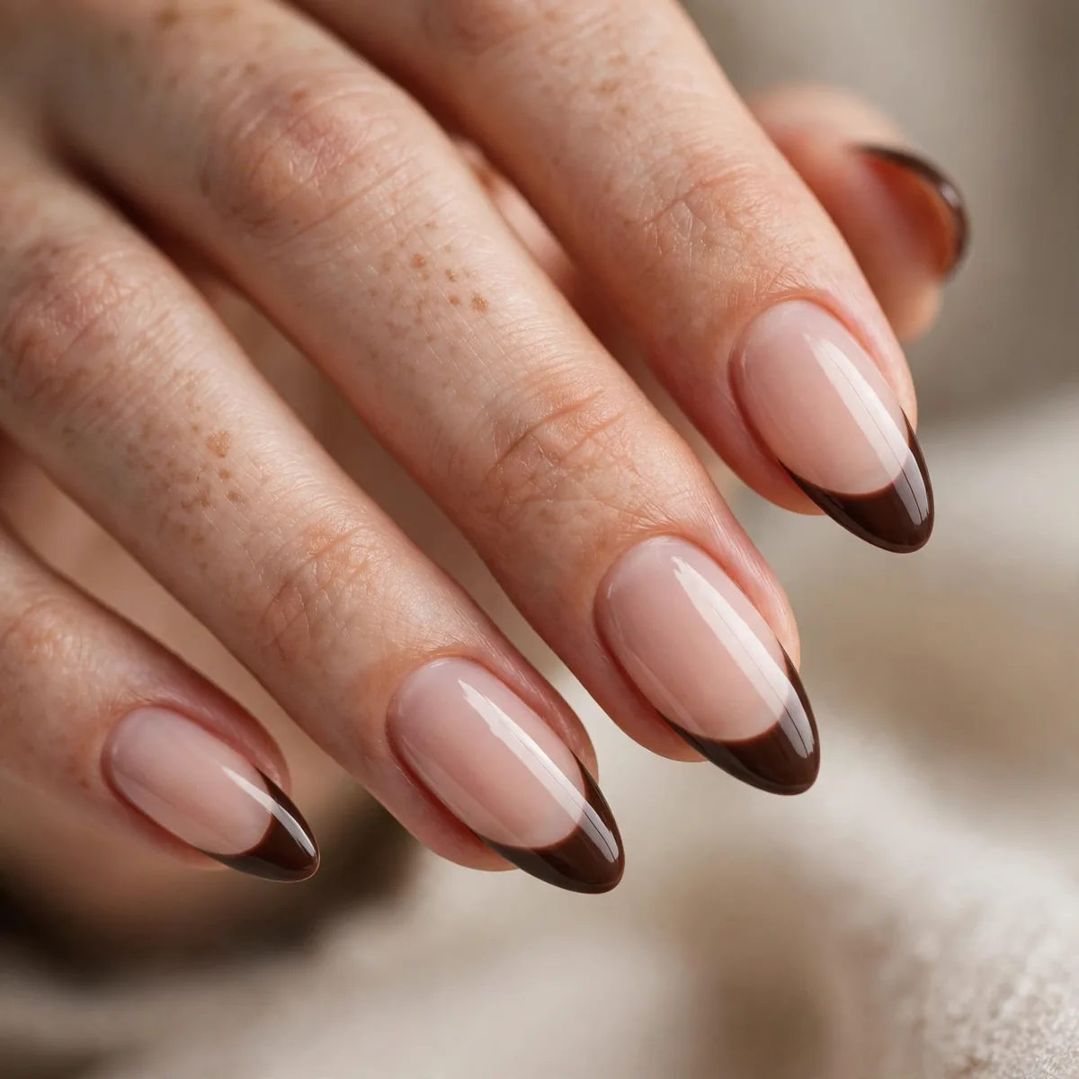 Brown French tips on almond nails