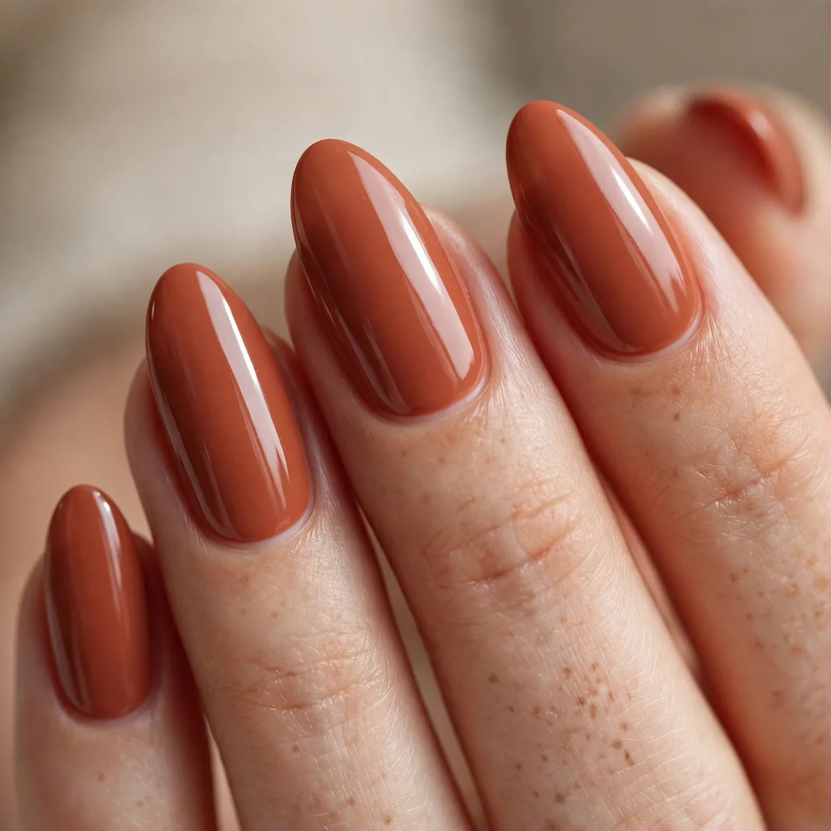 Terracotta polish on almond nails