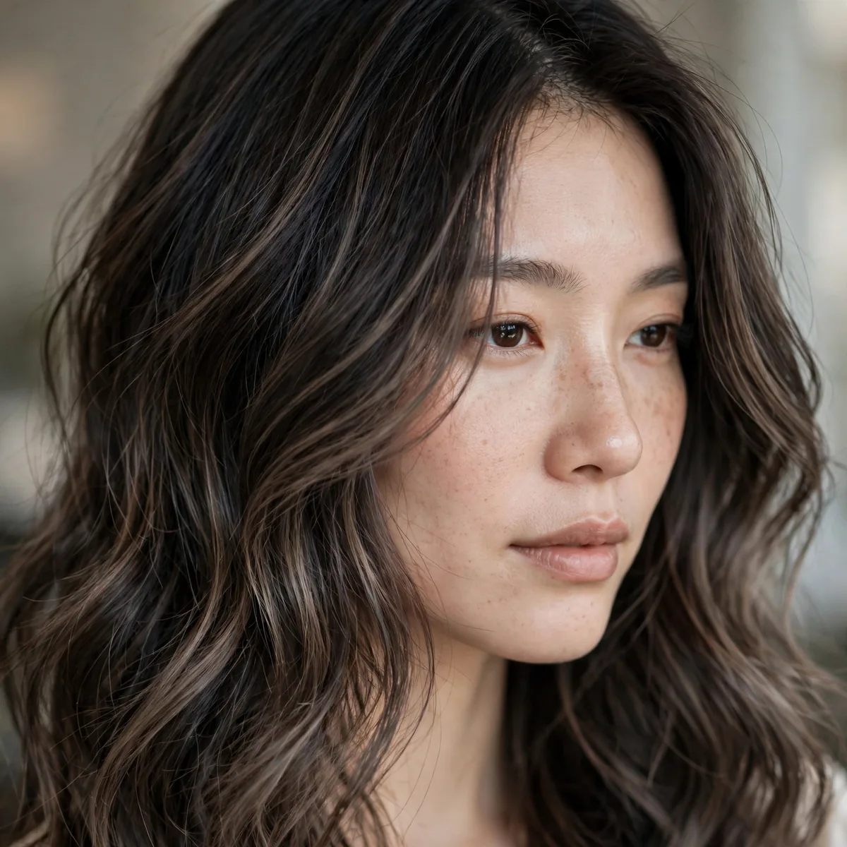 Ash brown balayage on dark hair