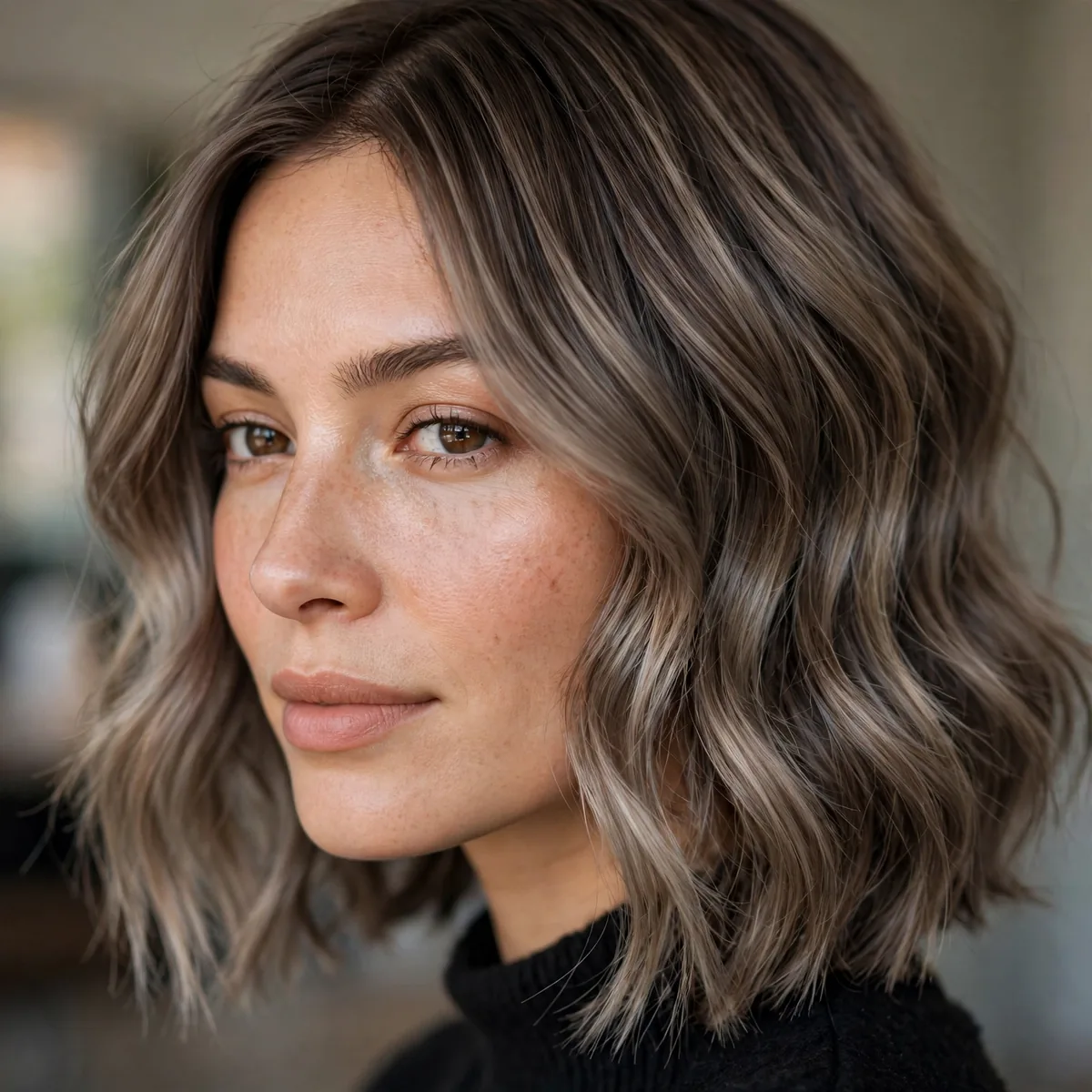 Ash brown balayage on a lob