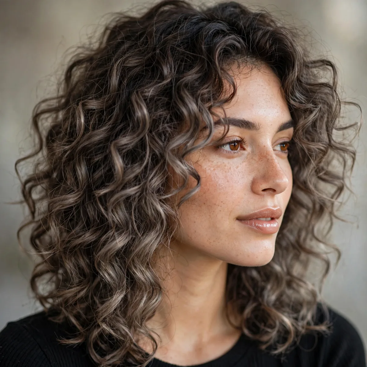 Ash brown balayage on curly hair