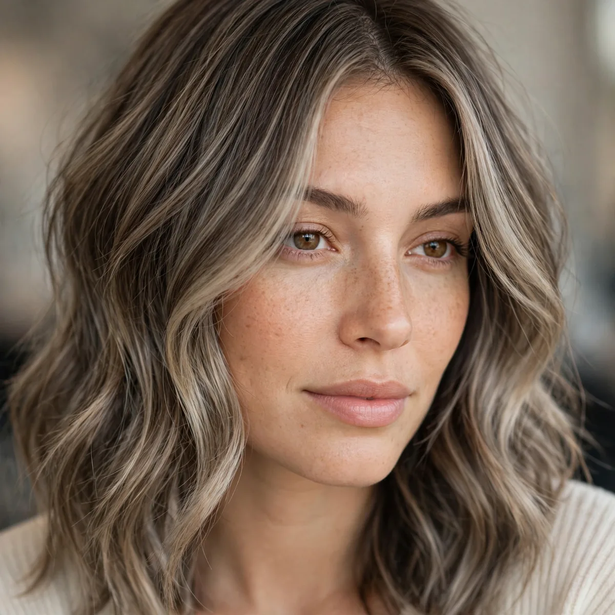 Ash brown balayage with face-framing pieces