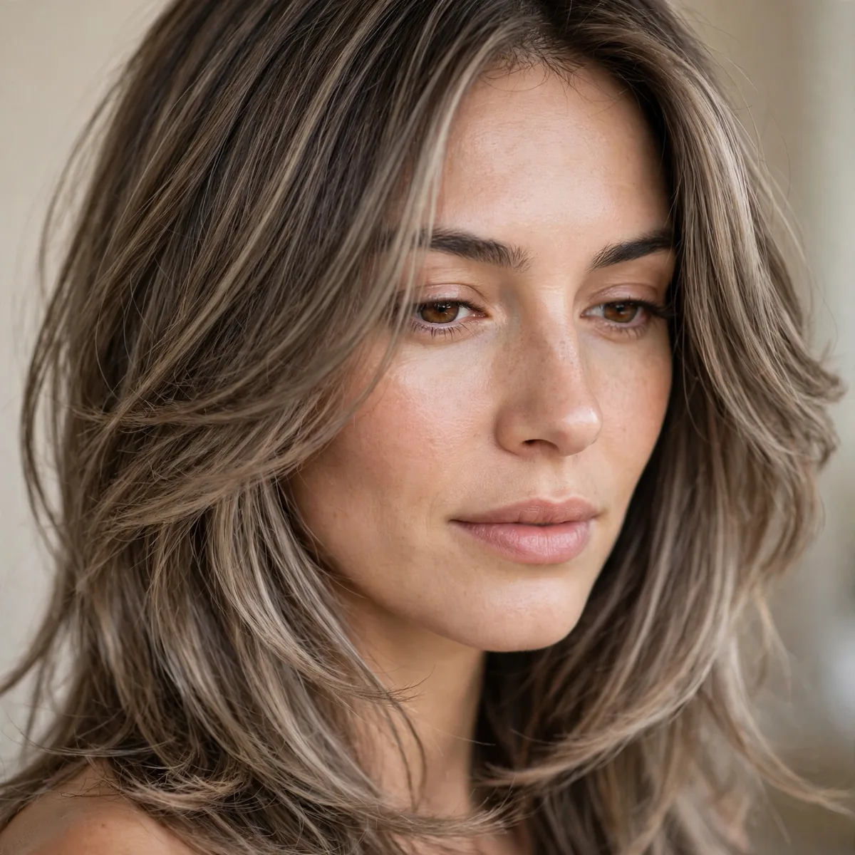 Ash brown balayage on layered hair