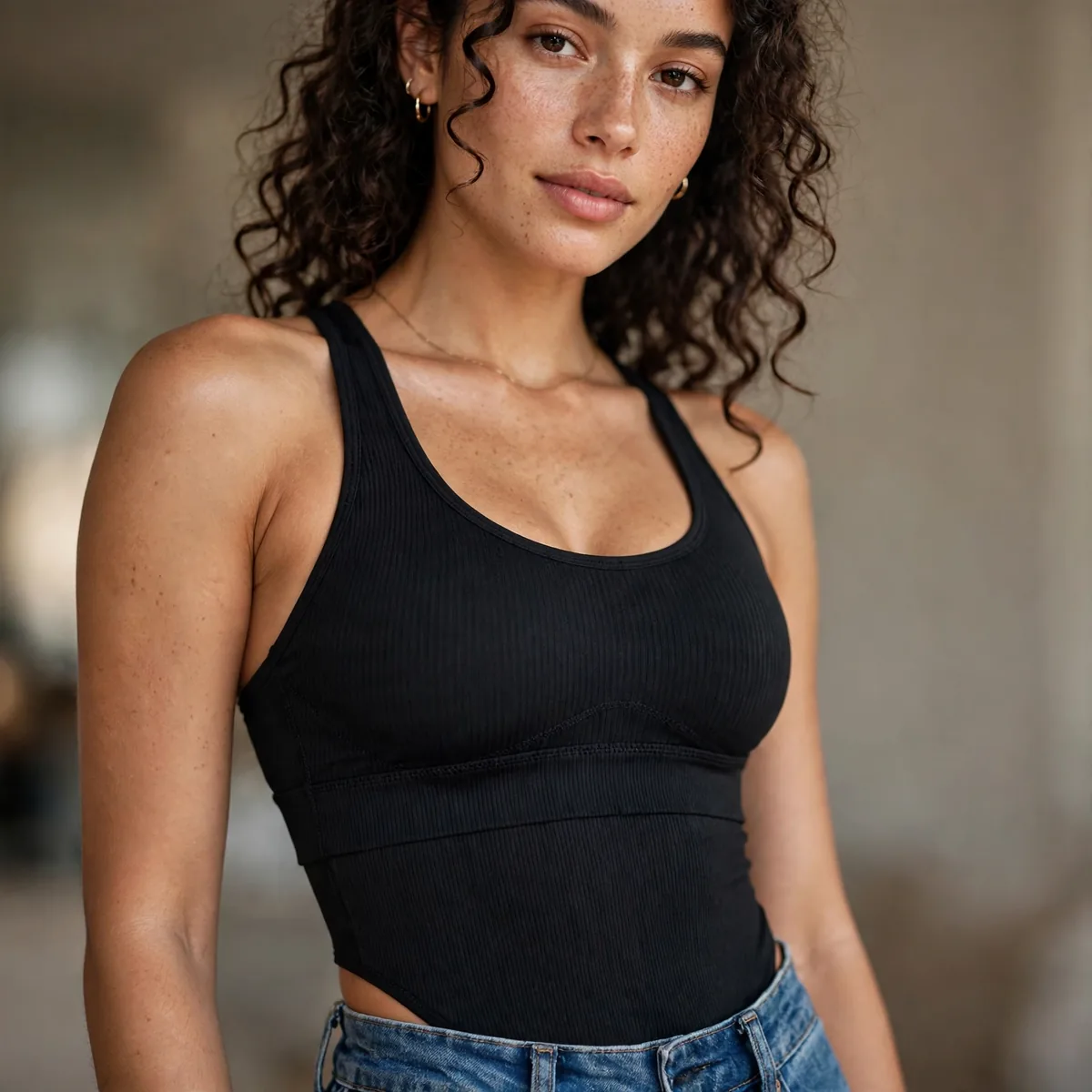 Longline sports bra with high waisted jeans