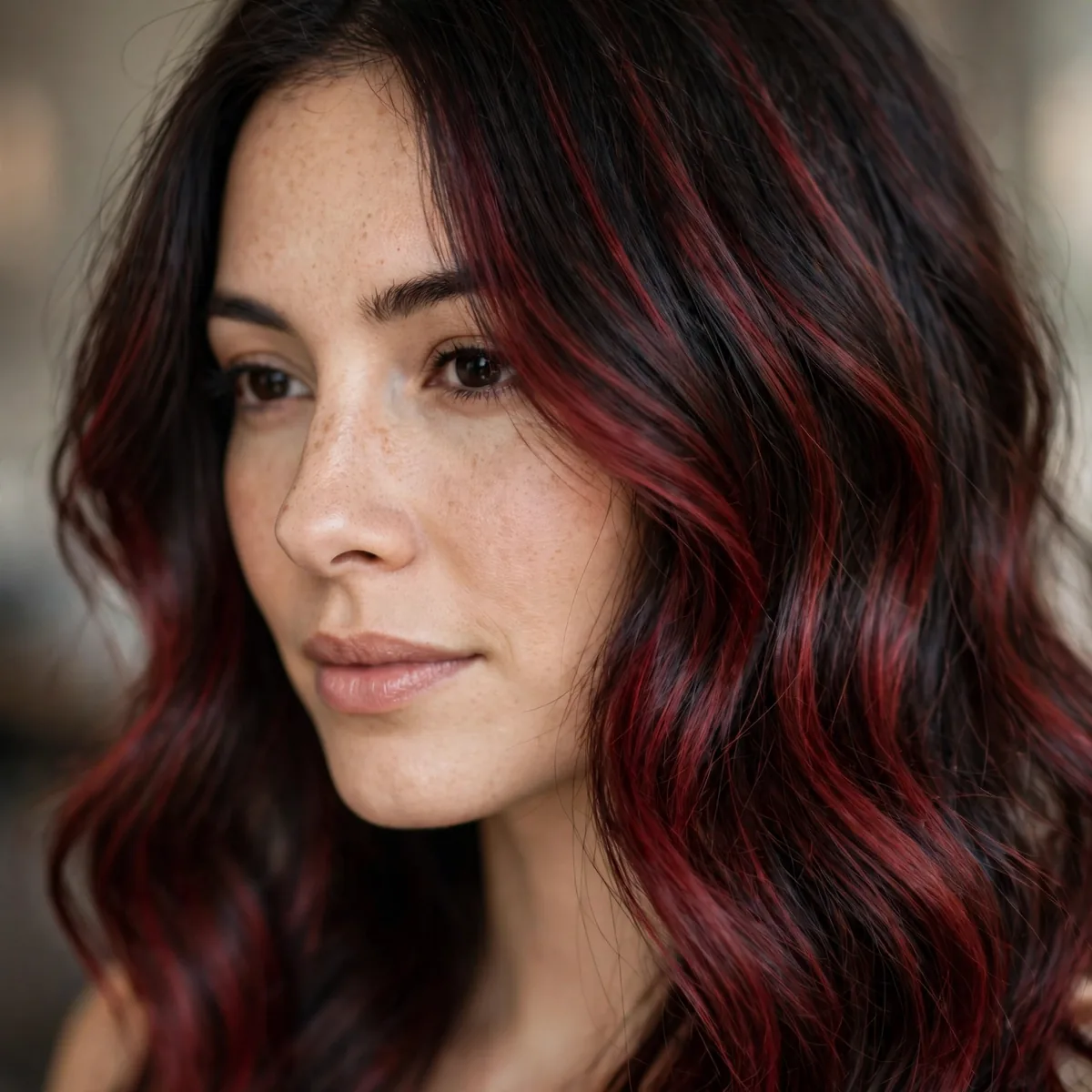 Dark hair with cherry cola red balayage ribbons