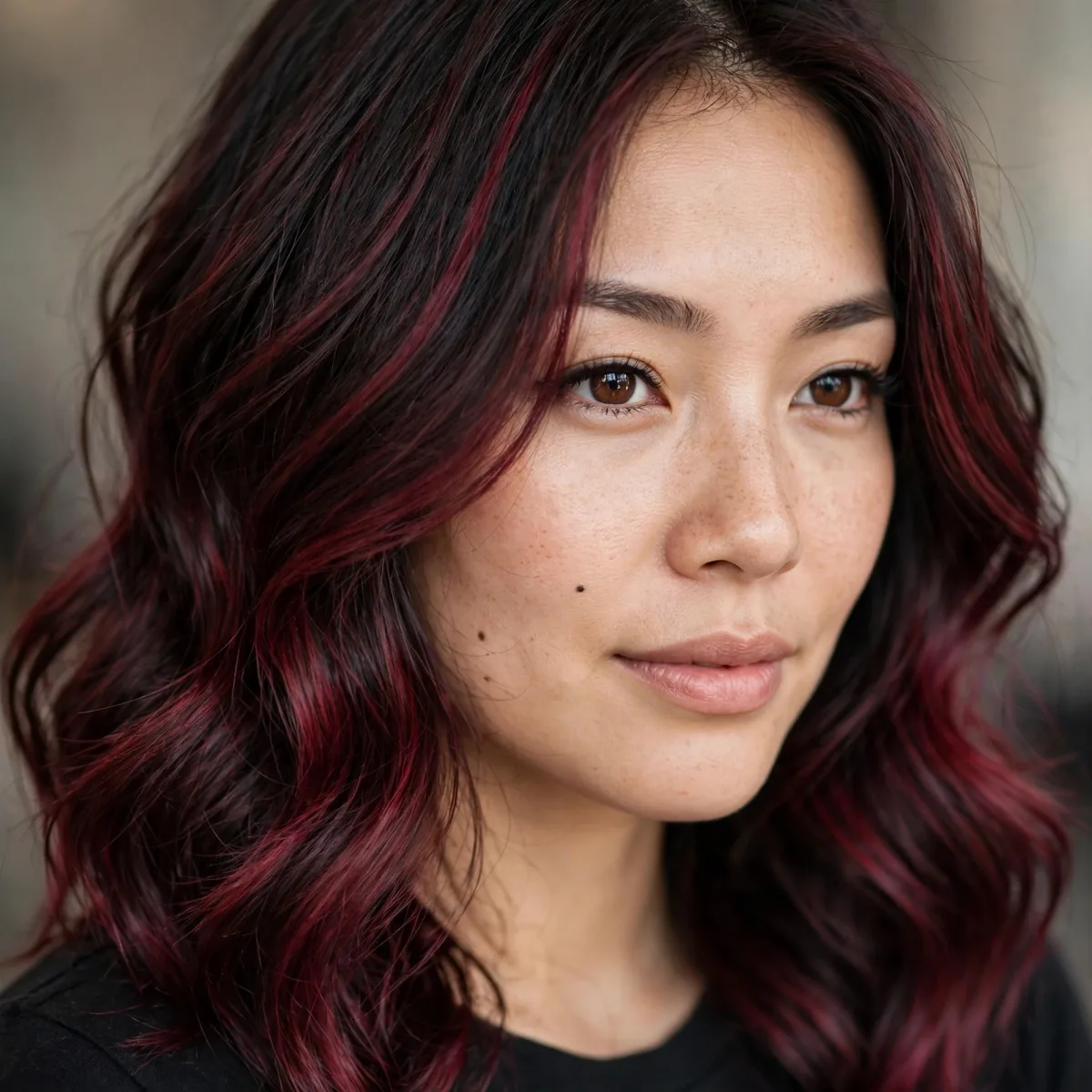 Dark hair with deep merlot wine-red balayage