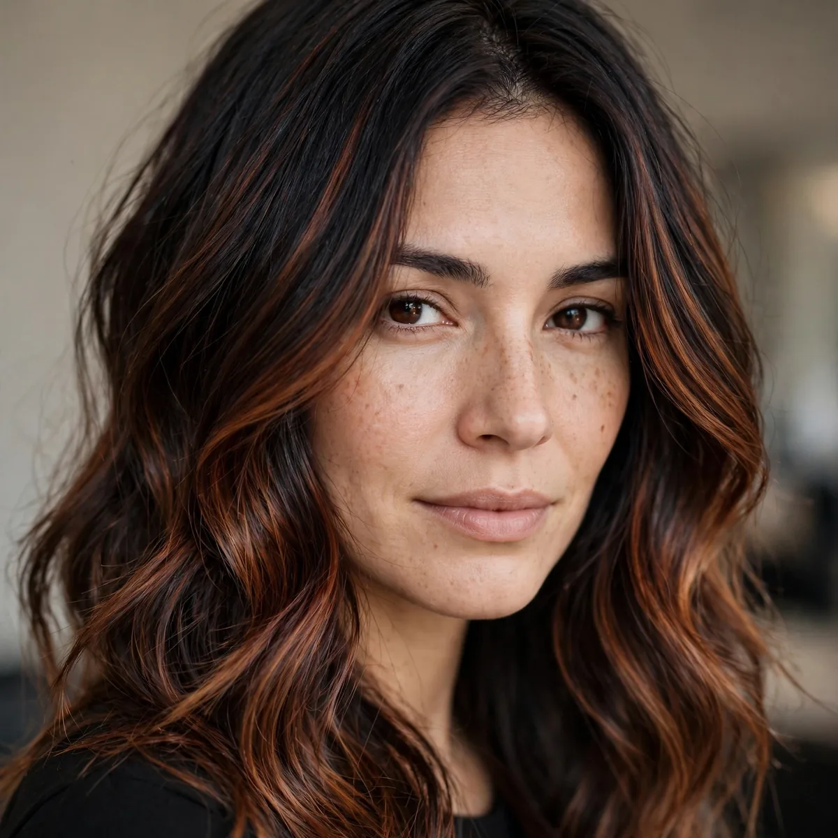 Dark hair with warm chestnut auburn balayage dimension