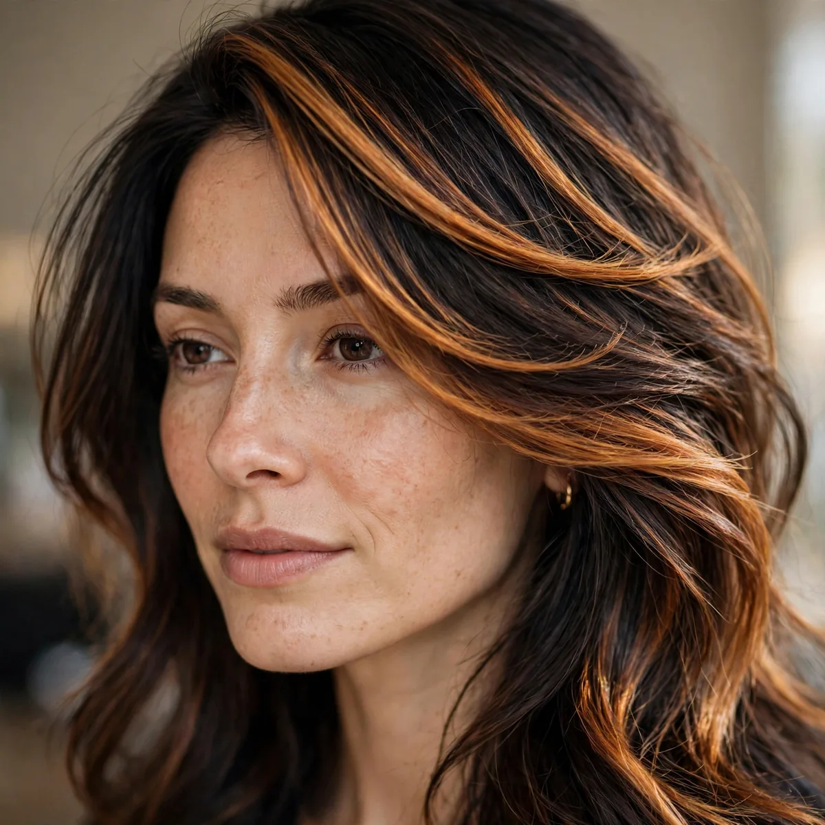 Dark hair with golden auburn balayage swooping through layers