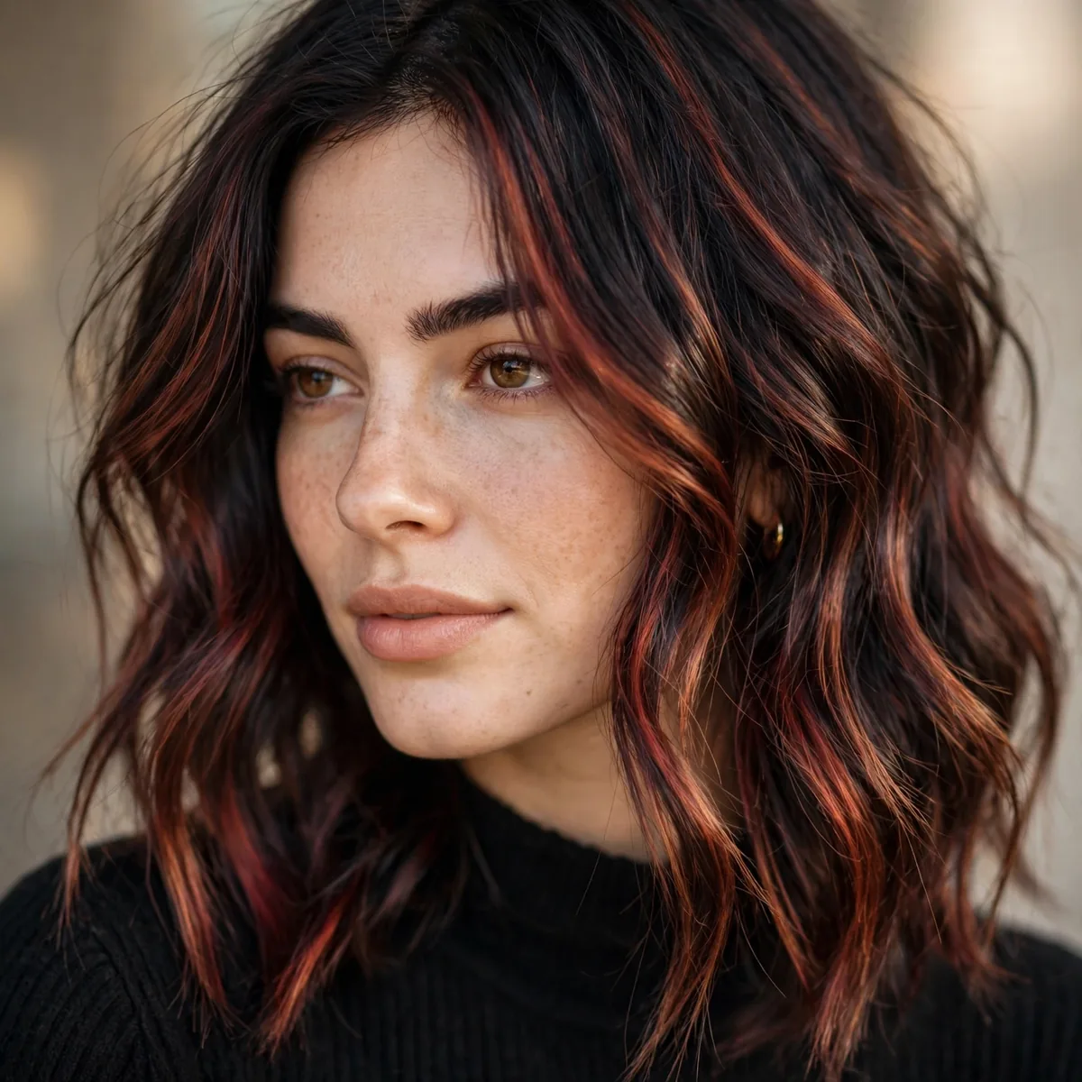 Dark hair with crimson bronze balayage streaks