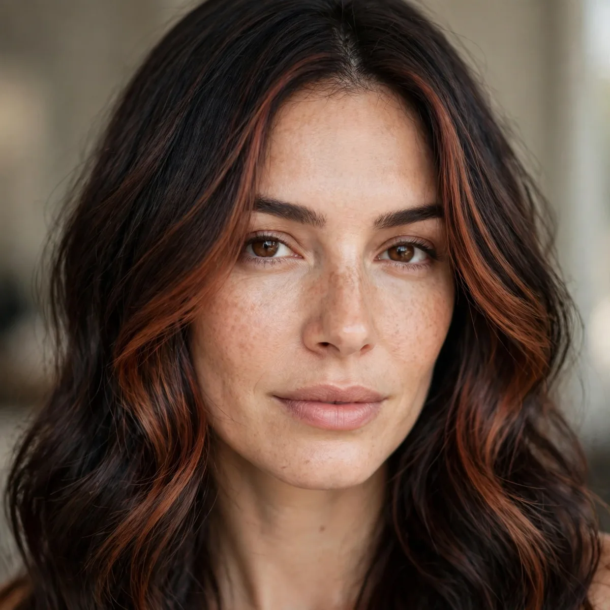 Dark hair with auburn face-framing balayage pieces