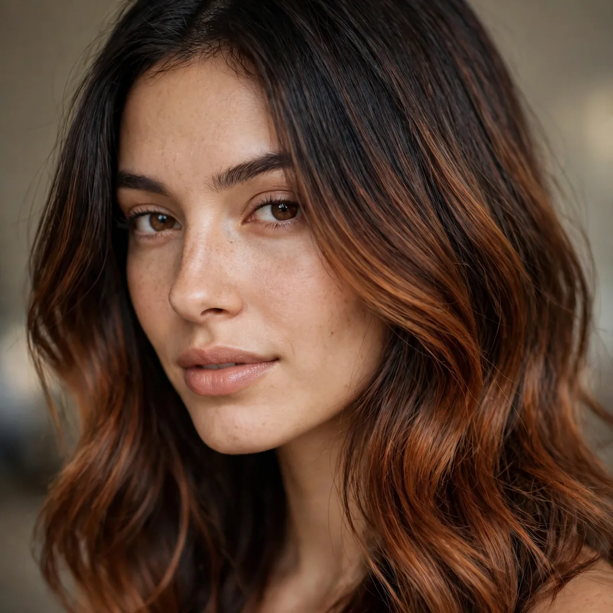 Dark hair with caramel auburn ombre gradient