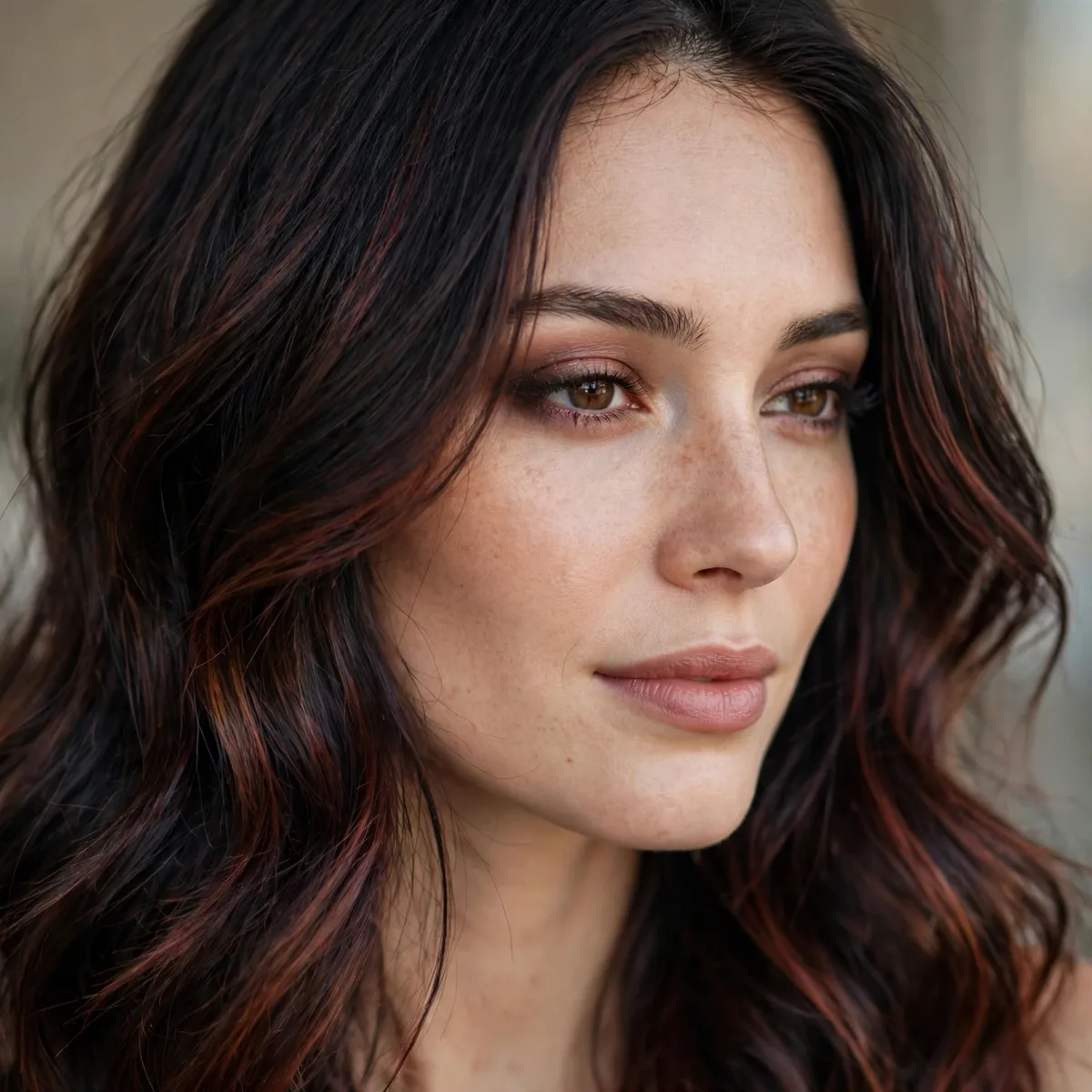 Dark hair with smoky auburn lowlights adding depth