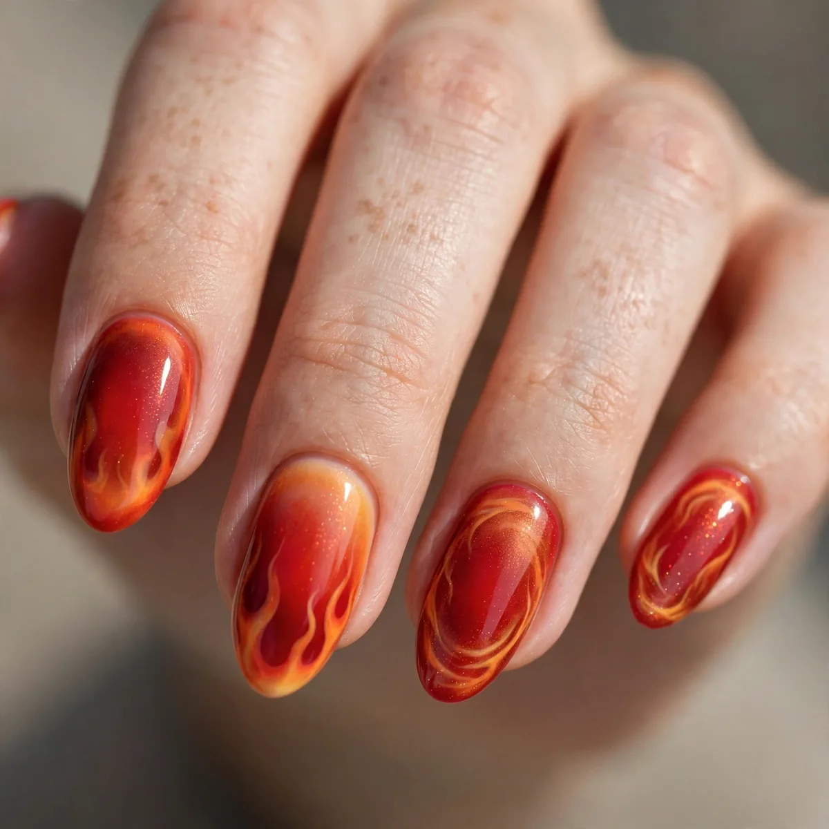 Red orange flame aura nails