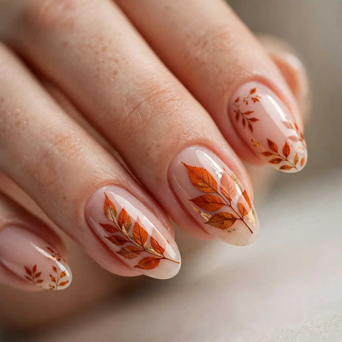 Burnt orange leaf nail design
