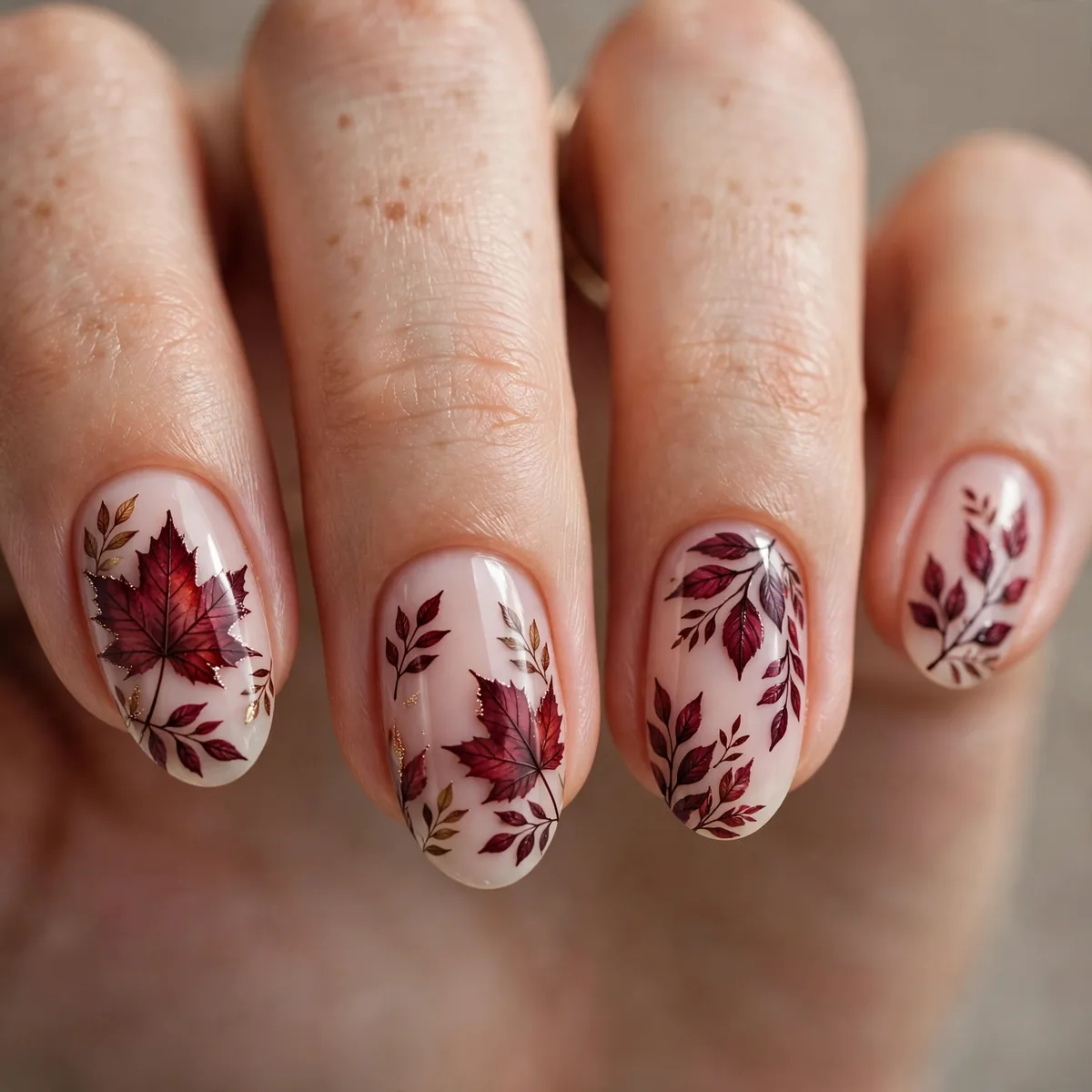 Burgundy autumn leaf nail art