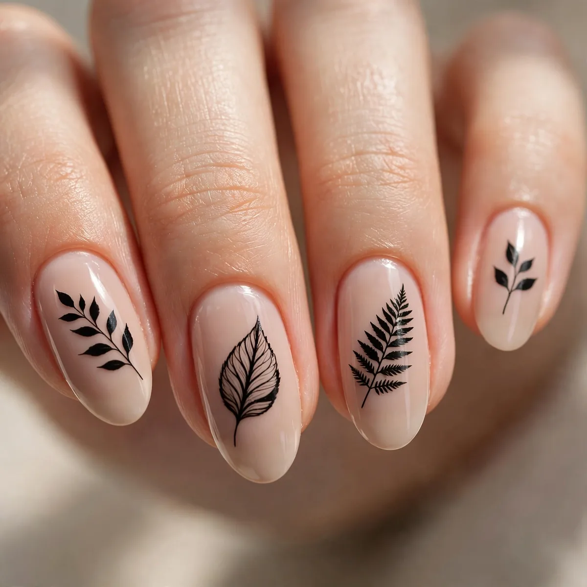 Leaf silhouette nude nail design