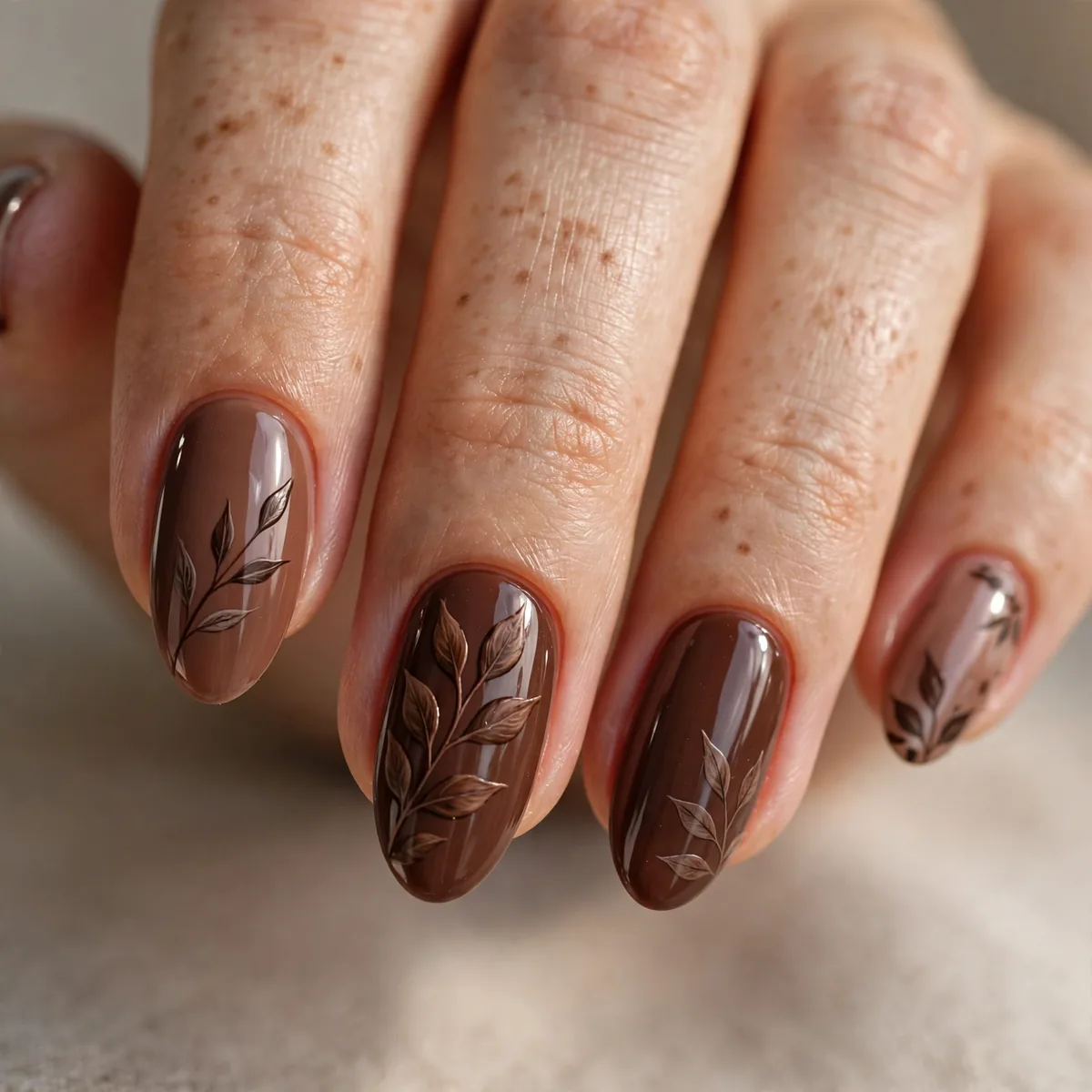 Chocolate brown leaf nail design